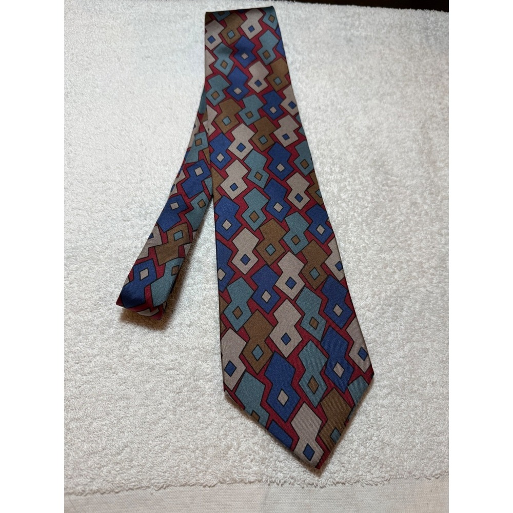 Enrico Coveri Mens Silk Tie Geometric Diamond Blue Burgundy Brown Made in USA